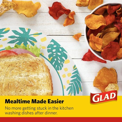 Glad Round Disposable Paper Plates - Soak Proof & Cut Resistant - Palm Leaves Pattern, 10 Inch, 50 Count