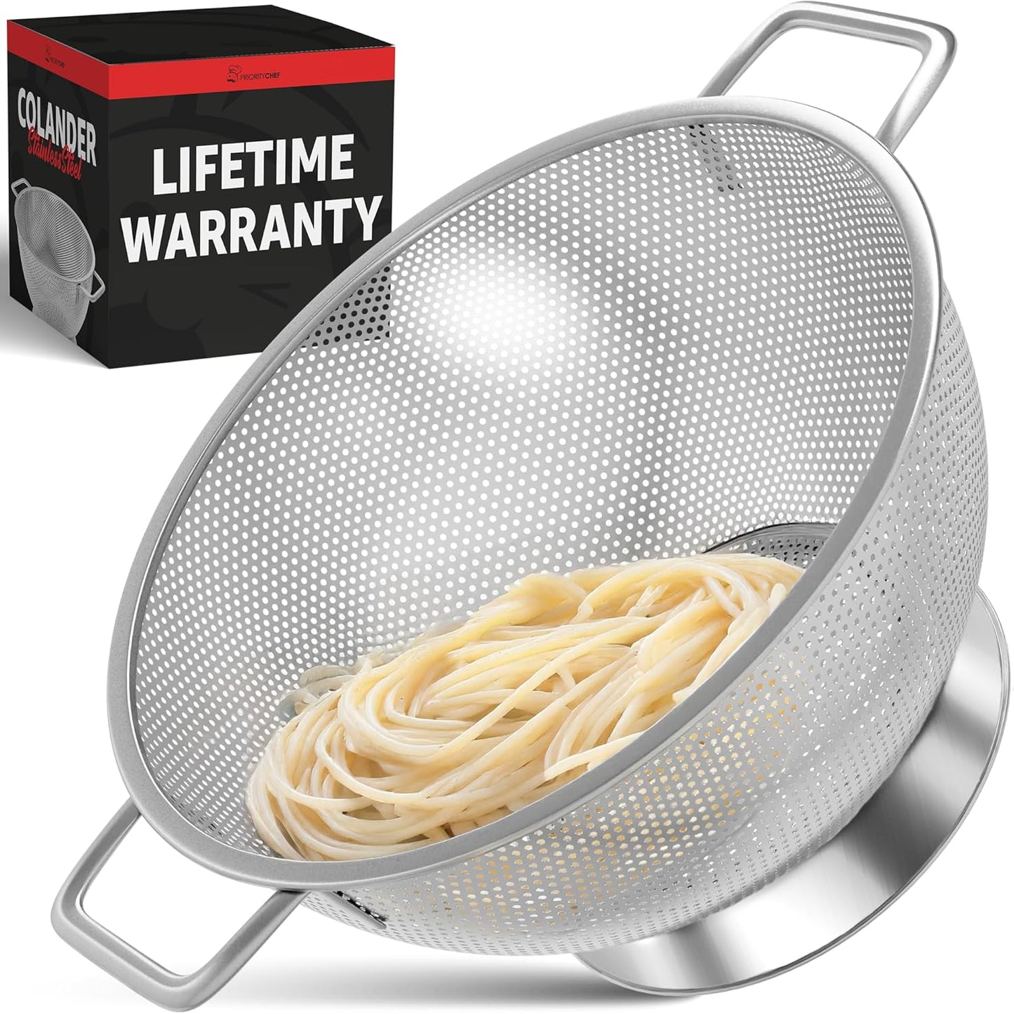 PriorityChef Premium 5-Quart Stainless Steel Colander - Durable Rice & Pasta Strainer with Handle, Rust-Resistant & Dishwasher Safe