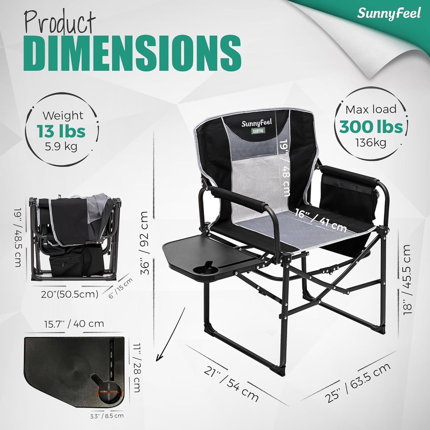 SUNNYFEEL Heavy-Duty Camping Directors Chair - Oversized Portable Folding Chair with Side Table & Pocket for Outdoor Use