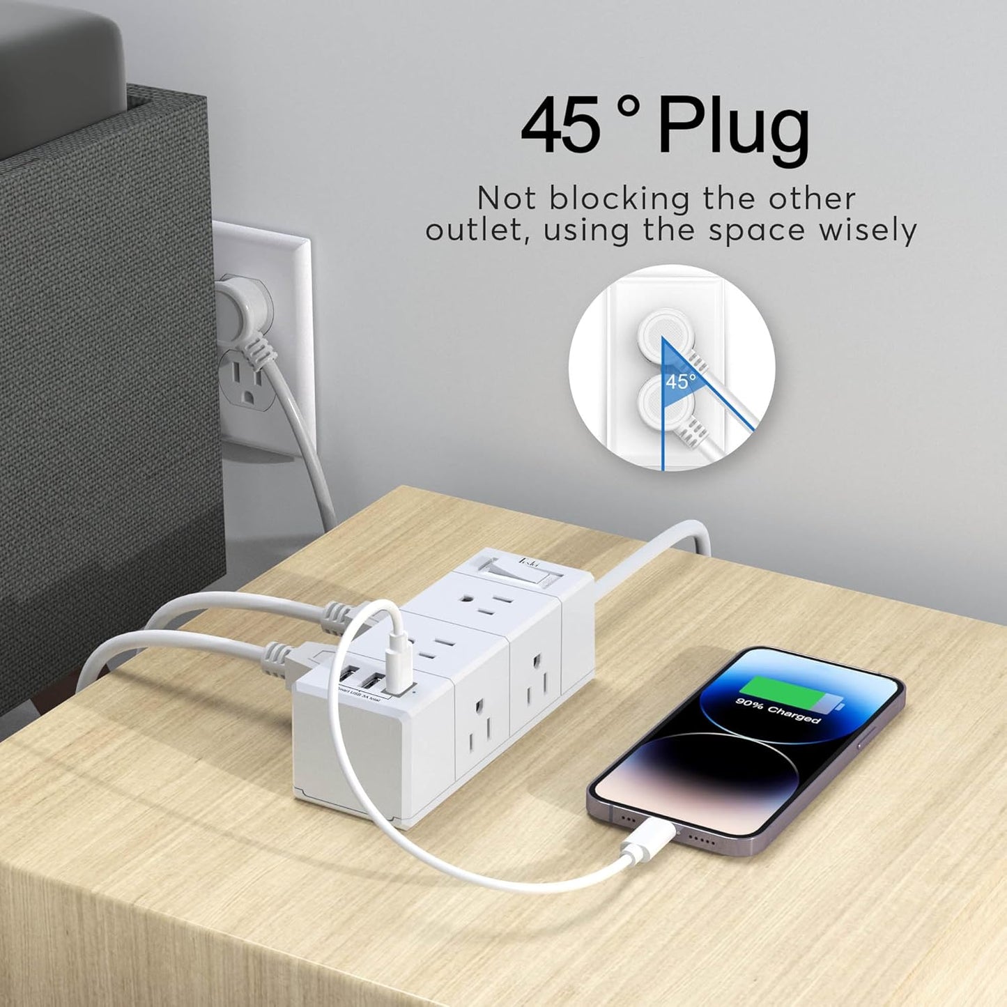 Tcstei 5Ft Outlet Extender Power Strip - Flat Plug with 6 Outlets & 3 USB Ports (1 USB-C) | Wall Mount Design for Home & Dorm Essentials, White