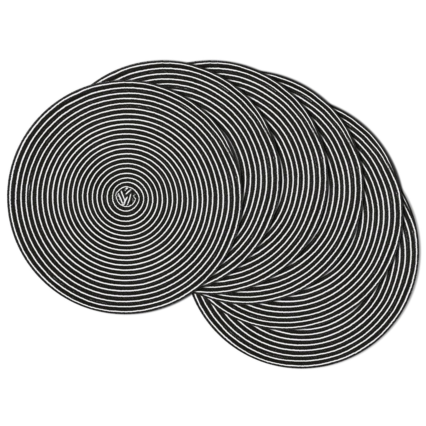 SHACOS 15 inch Round Braided Placemats Set of 6 Non Slip Washable Fabric Kitchen Table Place Mats Heat Resistant Table Mats for Home Wedding Party, Black White