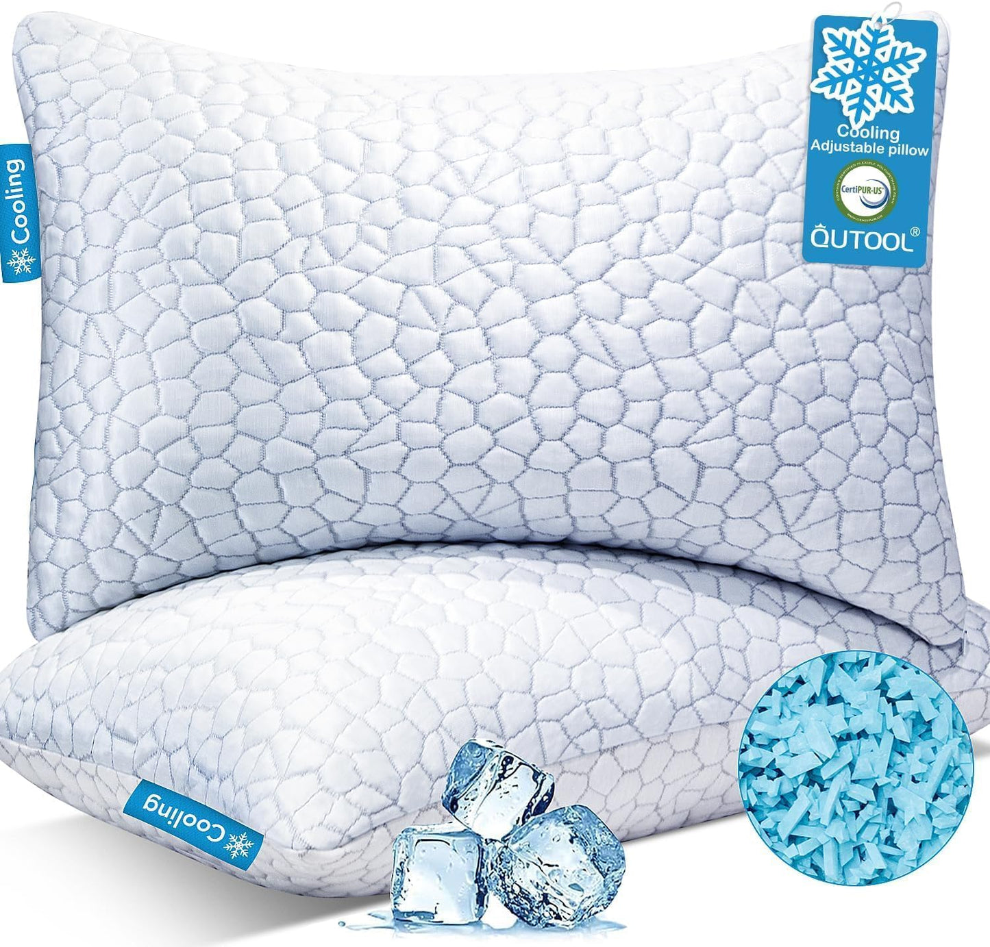 QUTOOL Cooling Pillow - CertiPUR-US Shredded Memory Foam Set of 2 | Adjustable Firmness for All Sleep Positions