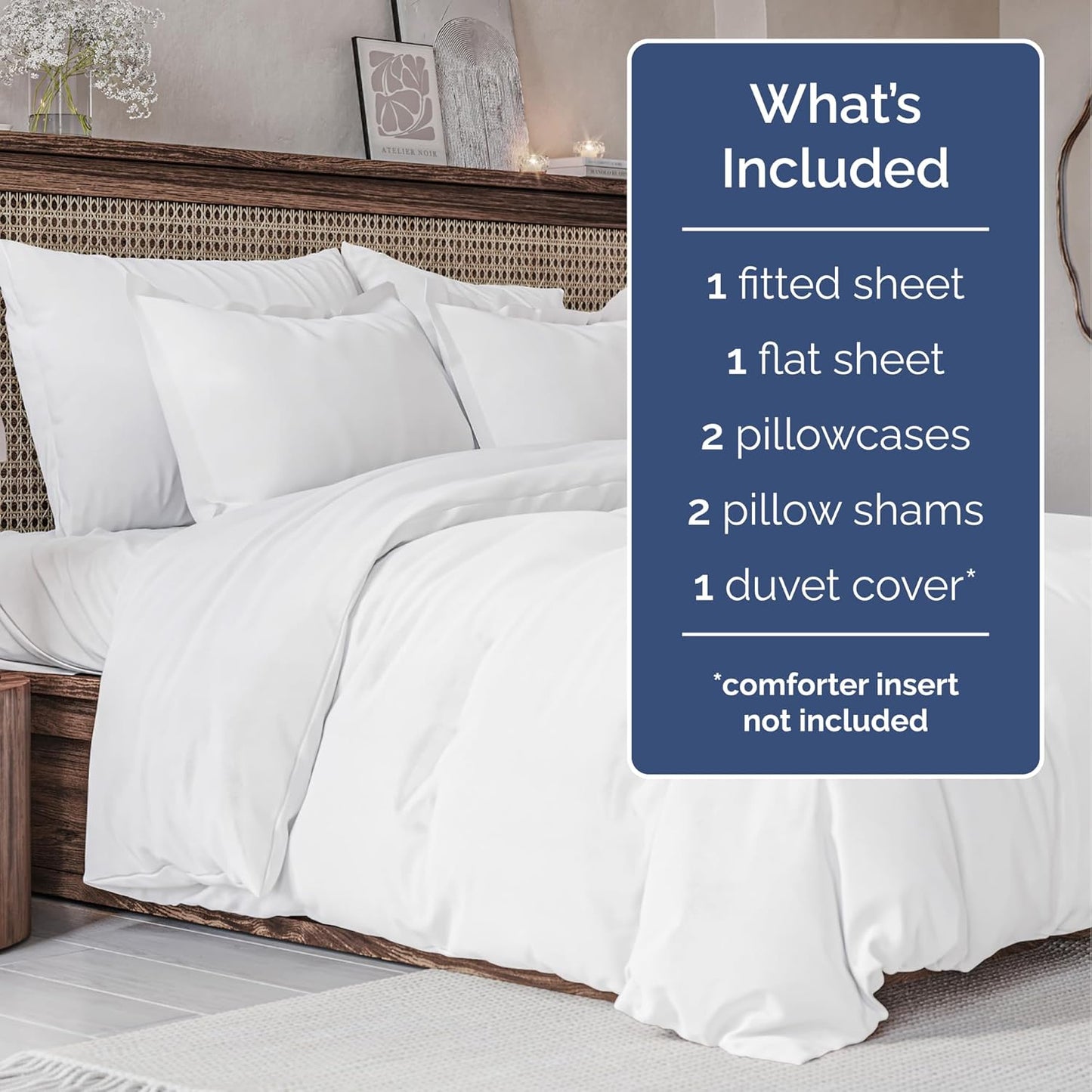 4pc White Sheet Set by Hotel Luxury | Queen Size Duvet Cover, Fitted & Flat Sheets, Pillow Cases - Breathable & Cooling Bedding