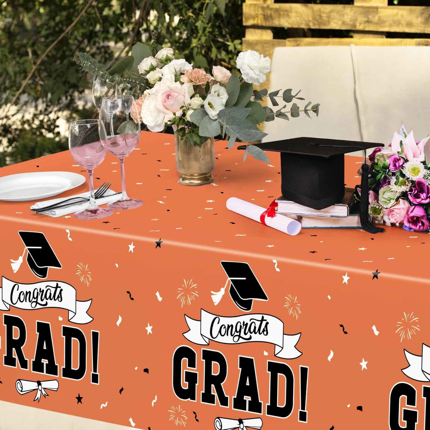 QZYL 2Pcs 2026 Graduation Table Cloths, 108" X 54" Orange Grad Party Decorations, Disposable Plastic Tablecover for Grad Decor Party Supplies, Rectangle Table Cloths for Class 2026 Congrats Grad