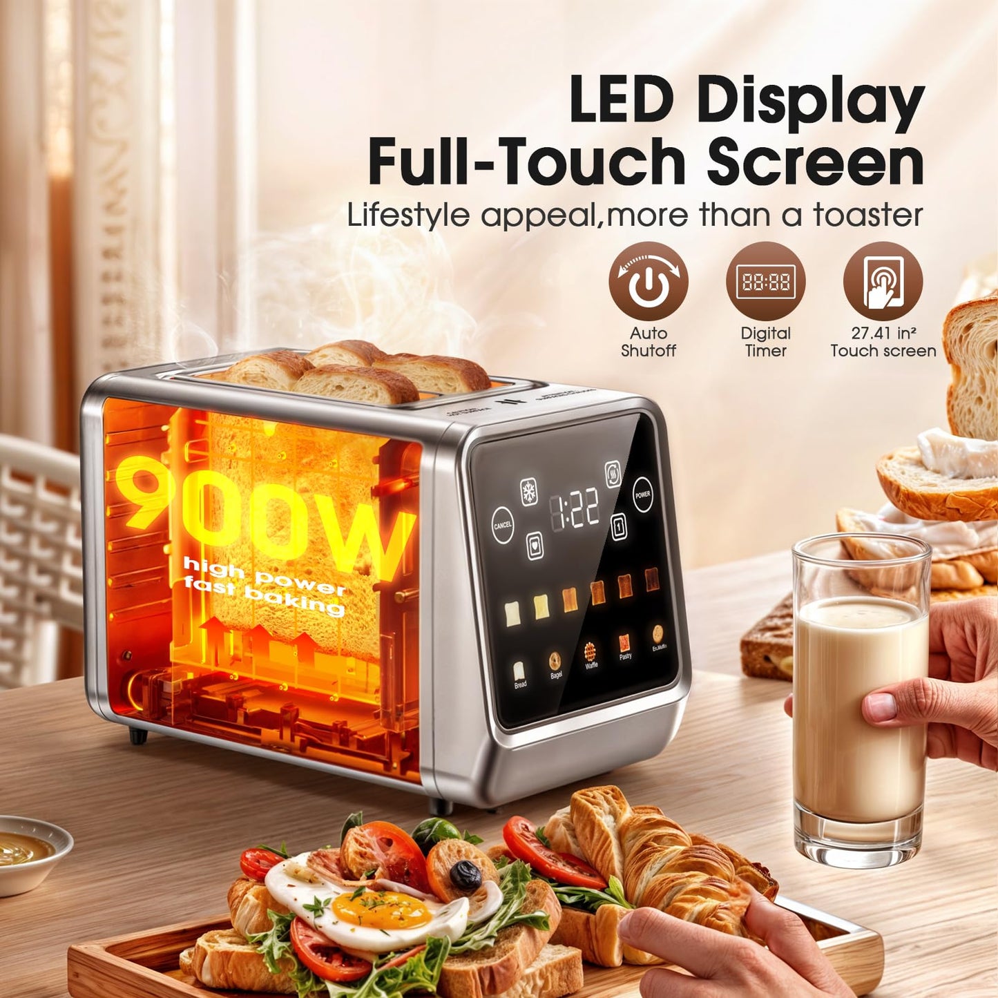Touch Screen Toaster 2 Slice, Stainless Steel Smart Digital Toasters with Single Slot Toasting, Memory Function, 5 Bread Types & 6 Shade Settings,1.5" Wide Slot, 900W