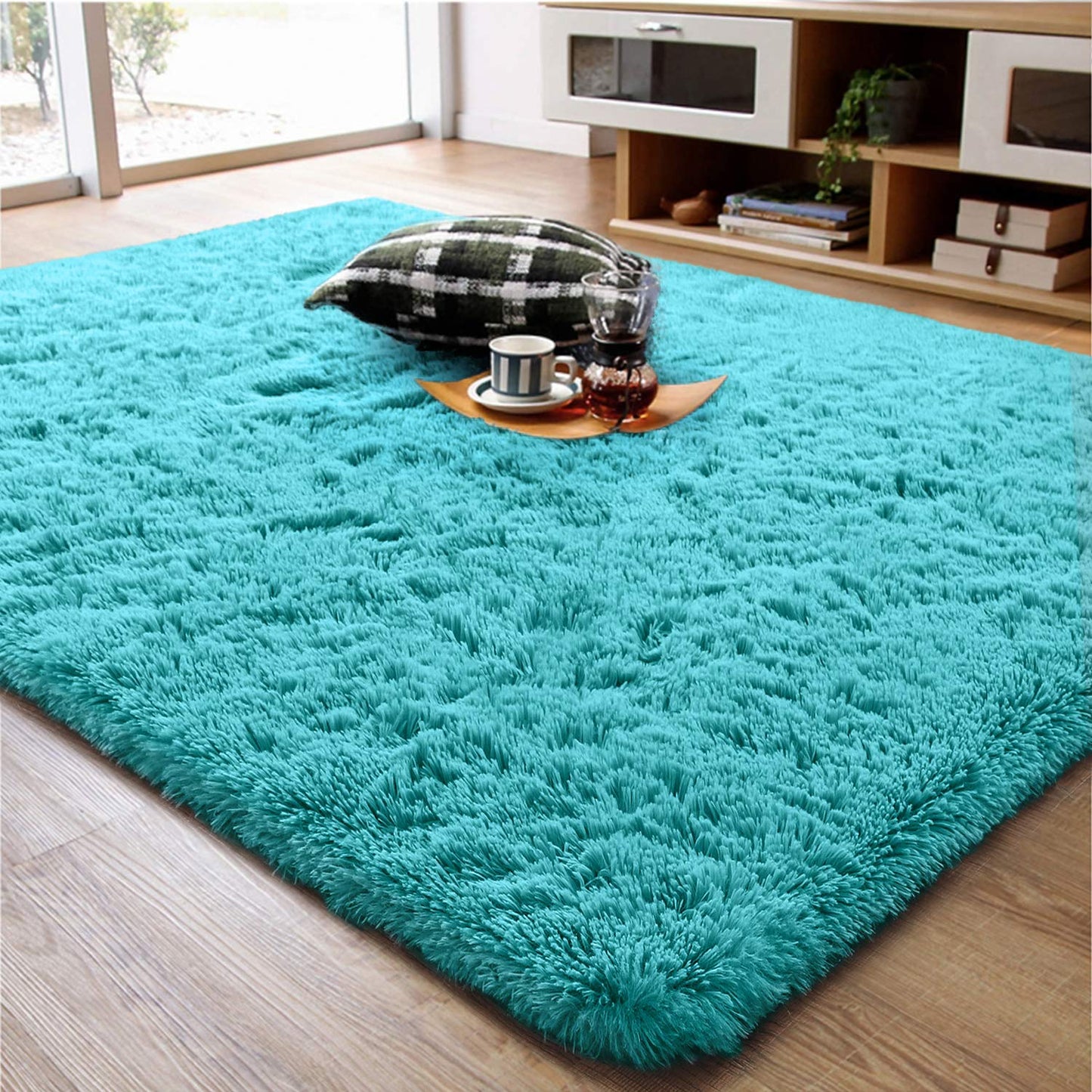 Ompaa Soft Fluffy Area Rug for Living Room Bedroom, 5x8 Teal Blue Plush Shag Rugs, Fuzzy Shaggy Accent Carpets for Kids Girls Rooms, Modern Apartment Nursery Dorm Indoor Furry Decor