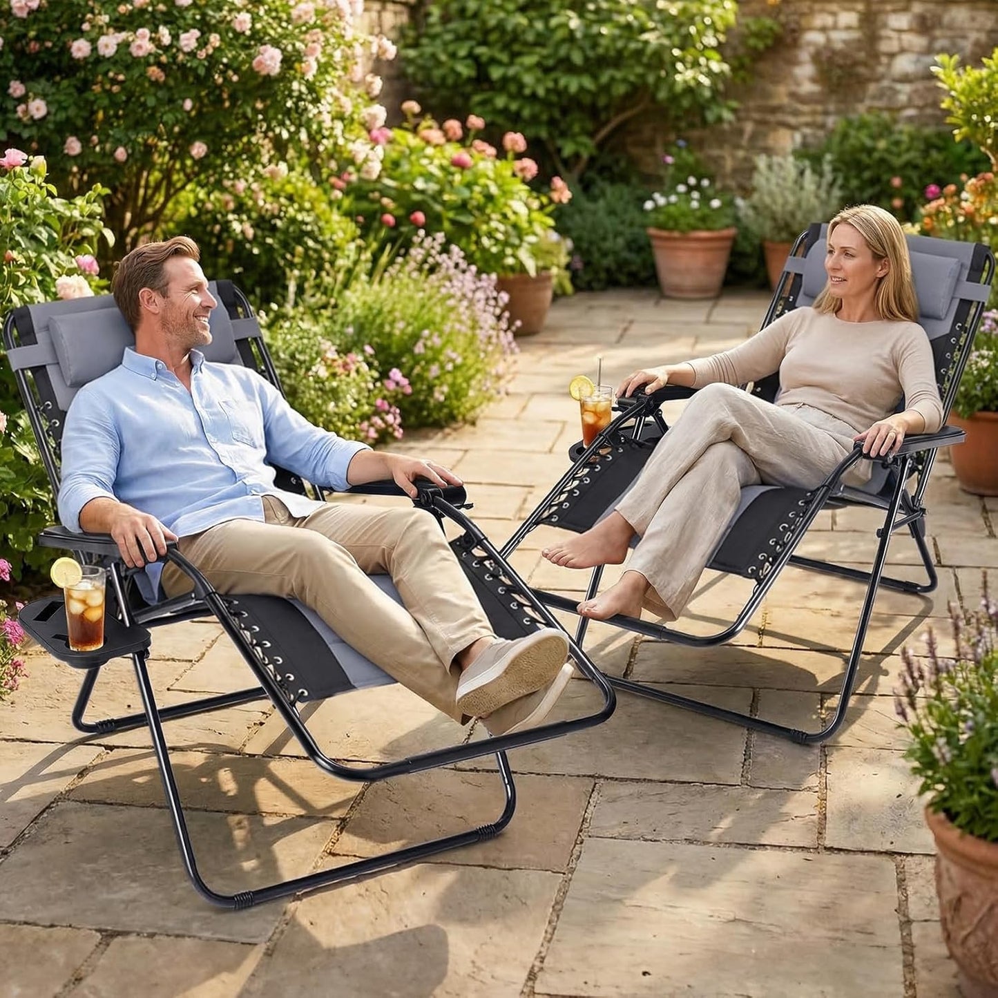 Sweetcrispy Zero Gravity Chairs - Oversized Foldable Patio Recliners with Adjustable Pillow & Cup Holder | Supports 400 lbs (Black-Gray)