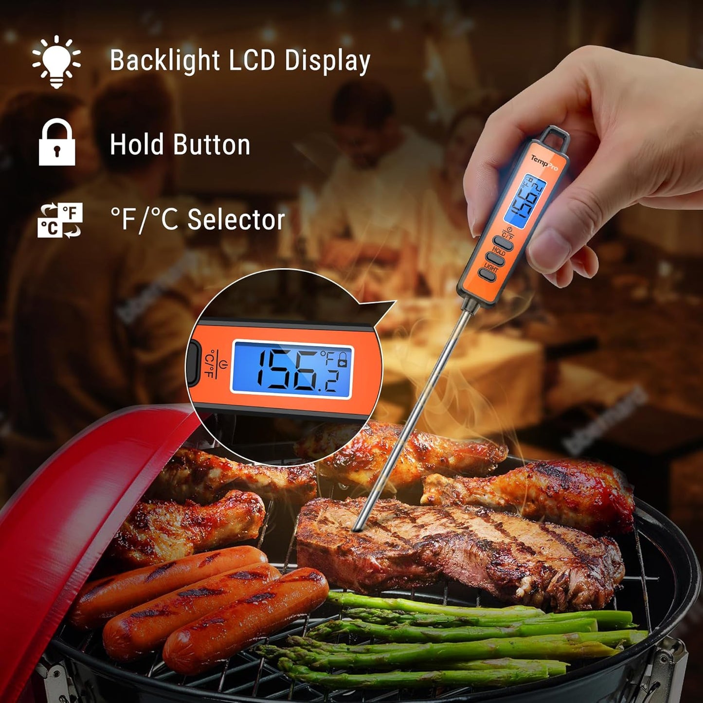 TempPro Digital Meat Thermometer - Instant Read Kitchen Thermometer with Long Probe & Backlit Display