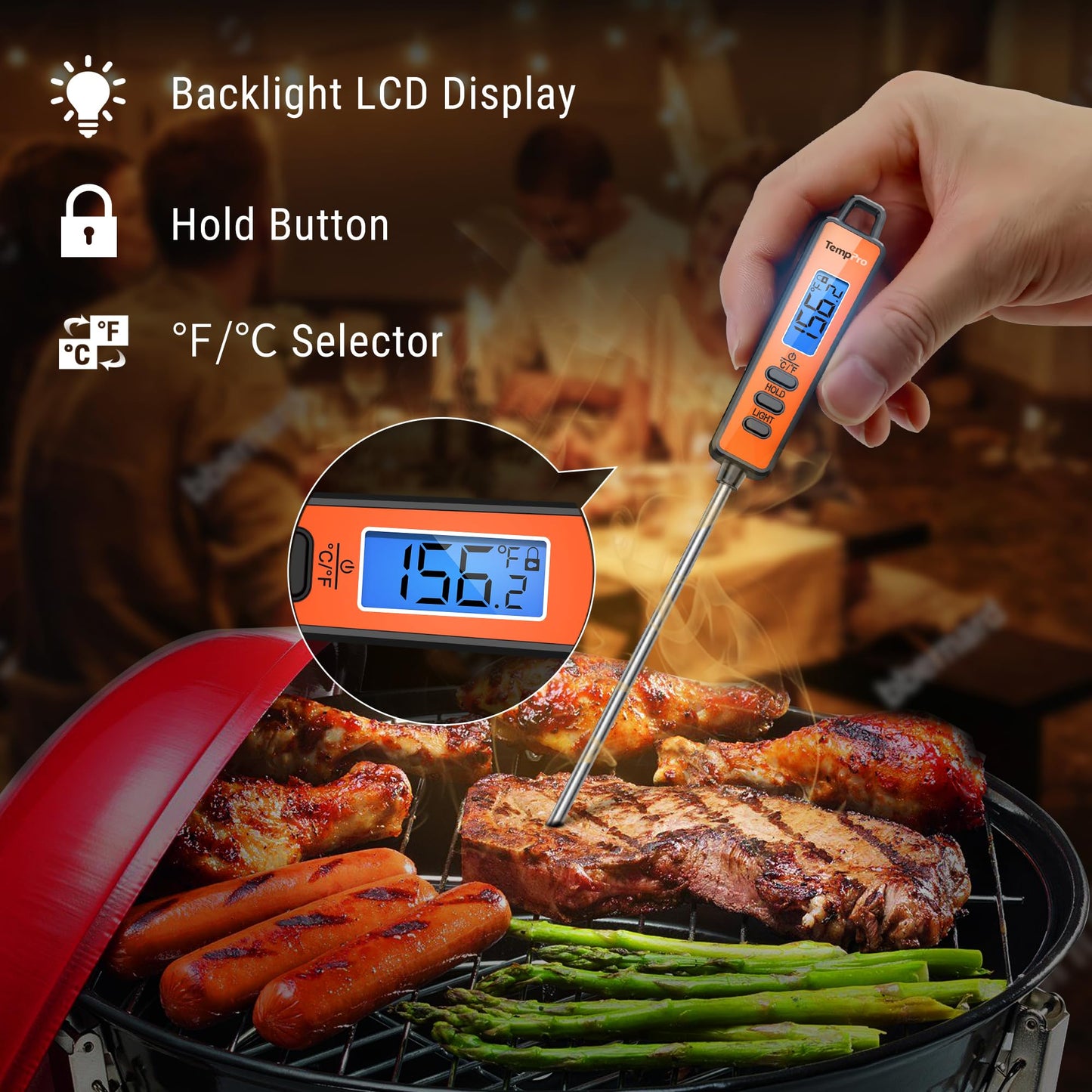 TempPro TP01A Digital Meat Thermometer for Cooking Candle Liquid Deep Frying Oil Candy, Kitchen Food Instant Read Thermometer with Super Long Probe, Backlit, Lock Function (Previously ThermoPro)
