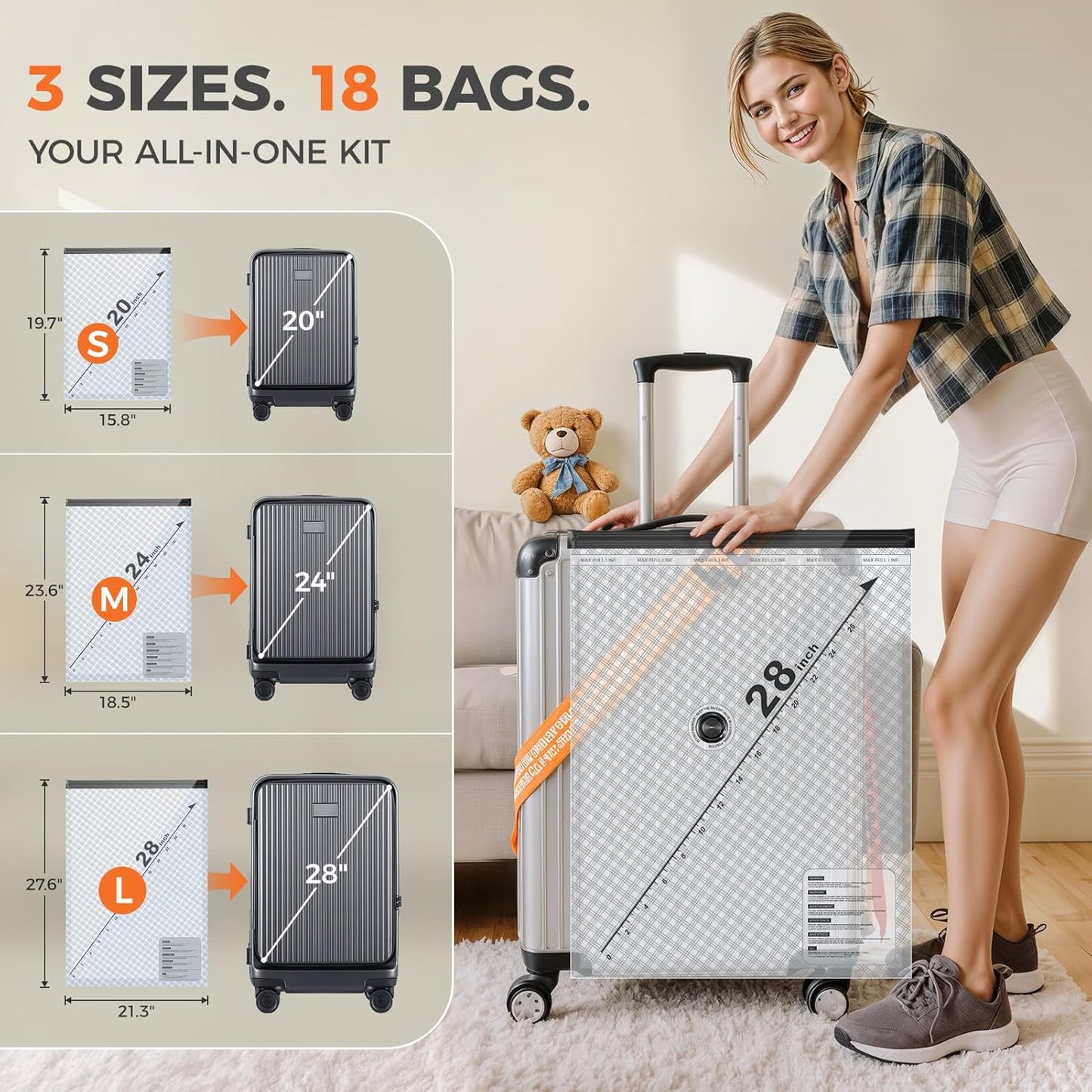 Nicetree Vacuum Seal Bags - 18-Pack with Rechargeable Wireless Pump | 3 Sizes (20/24/28 Inch) for Clothing & Bedding Storage