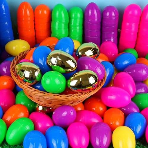 Grastfu 200 Pack 3 Inch Large Plastic Easter Eggs Bulk Include 6 Surprise Golden Eggs, Colorful Fillable Easter Egg Empty for Easter Hunt, Easter Basket Stuffers Fillers, Theme Party Favors Prize