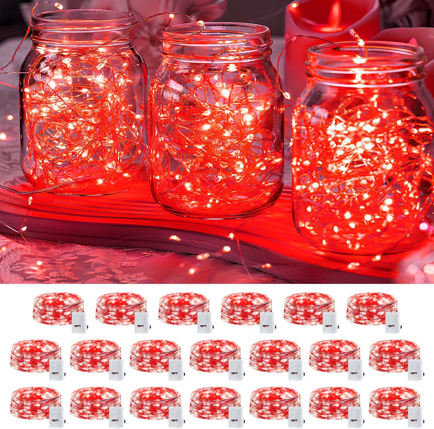 Skiennix 20 Pack LED Fairy Lights - Battery Operated Mini Twinkle String Lights | 7FT Waterproof for Weddings & Christmas, Red