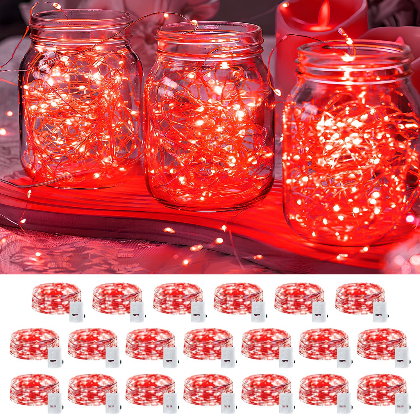 20 Pack LED Fairy Lights Battery Operated,3 Features Blinking Slowly Blinking & just on 7FT 20 LED Waterproof Mini Twinkle String Lights for Wedding Party Christmas Decorations,red