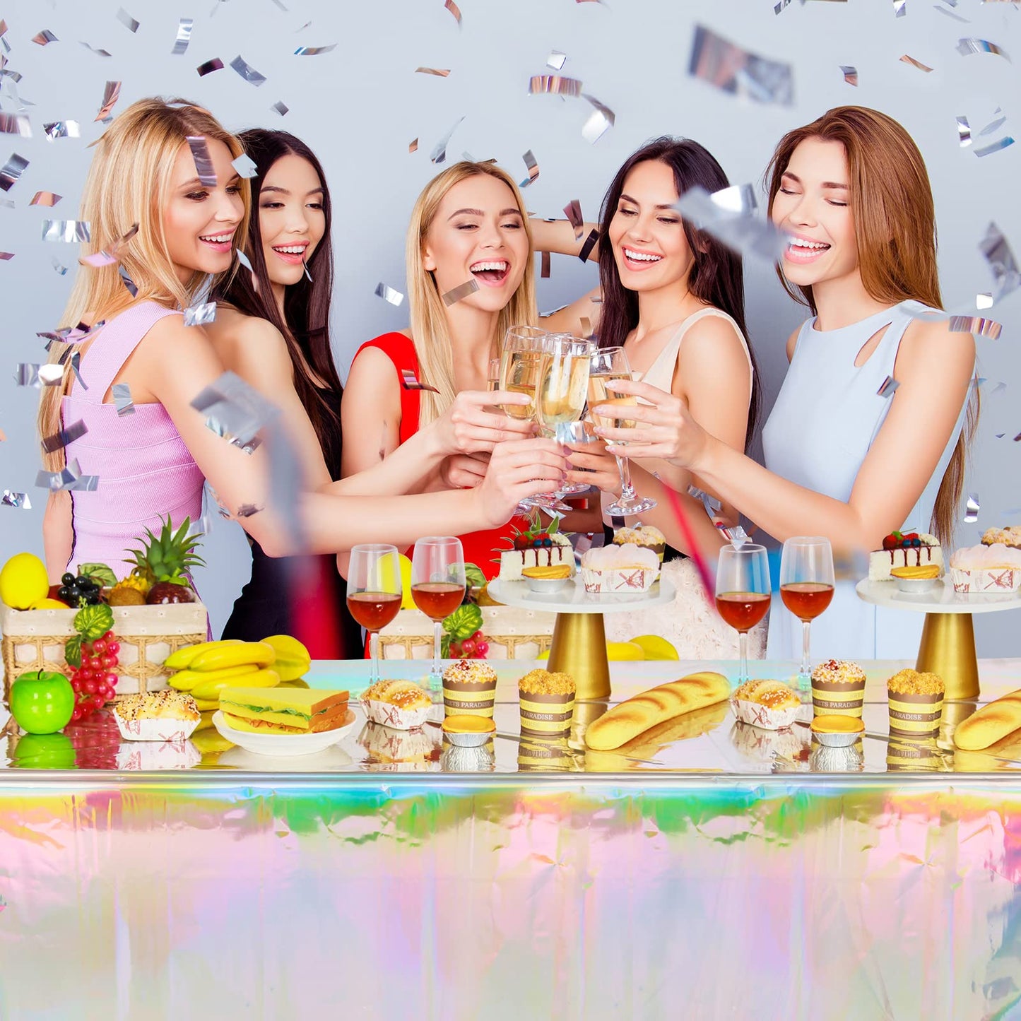 FunnyPars 4 Pack Iridescent Plastic Tablecloths, Shiny Disposable Laser Rectangle Table Covers, Holographic Foil Tablecloth Iridescent Birthday Party Supplies Decorations