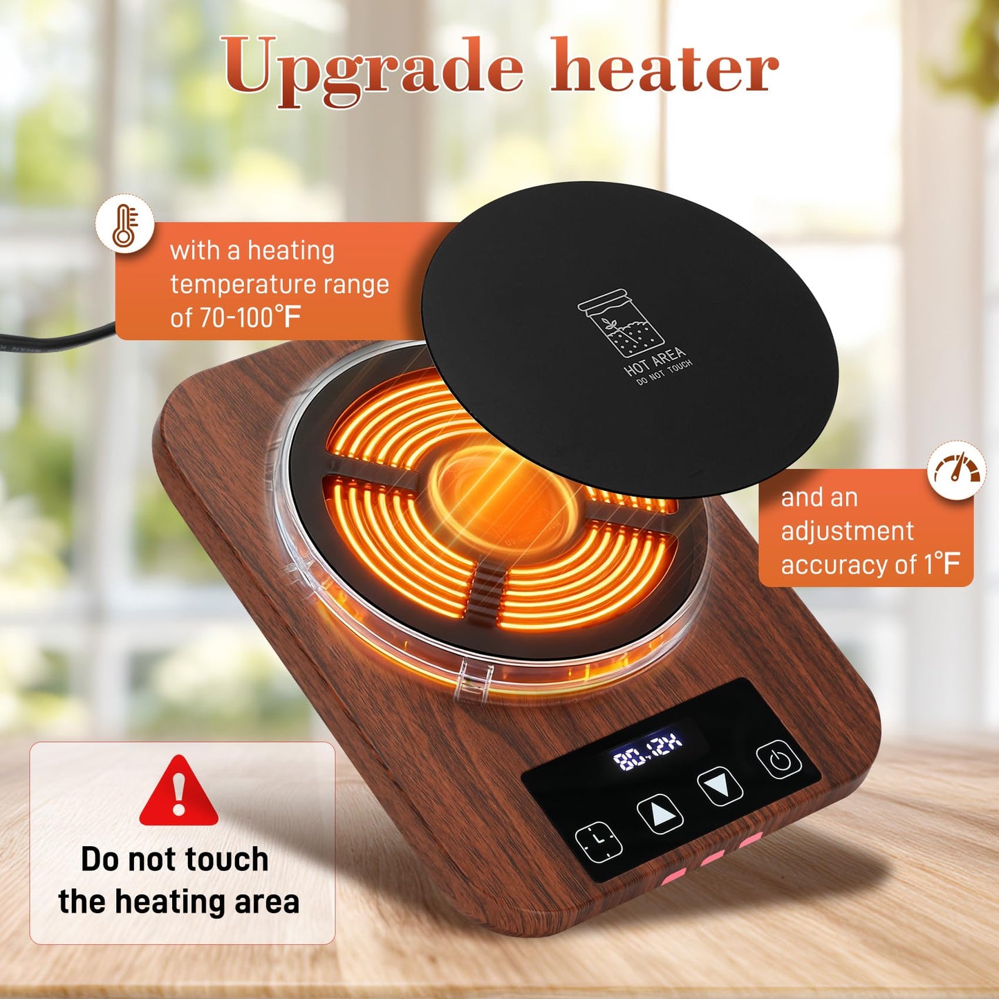 Sourdough Starter Warmer -24H Timer, Precise 1°F Thermostat Control (70-100°F) Smart Memory Warming On/Off,Sourdough Warming Mat for Home Baking（Wood Grain）