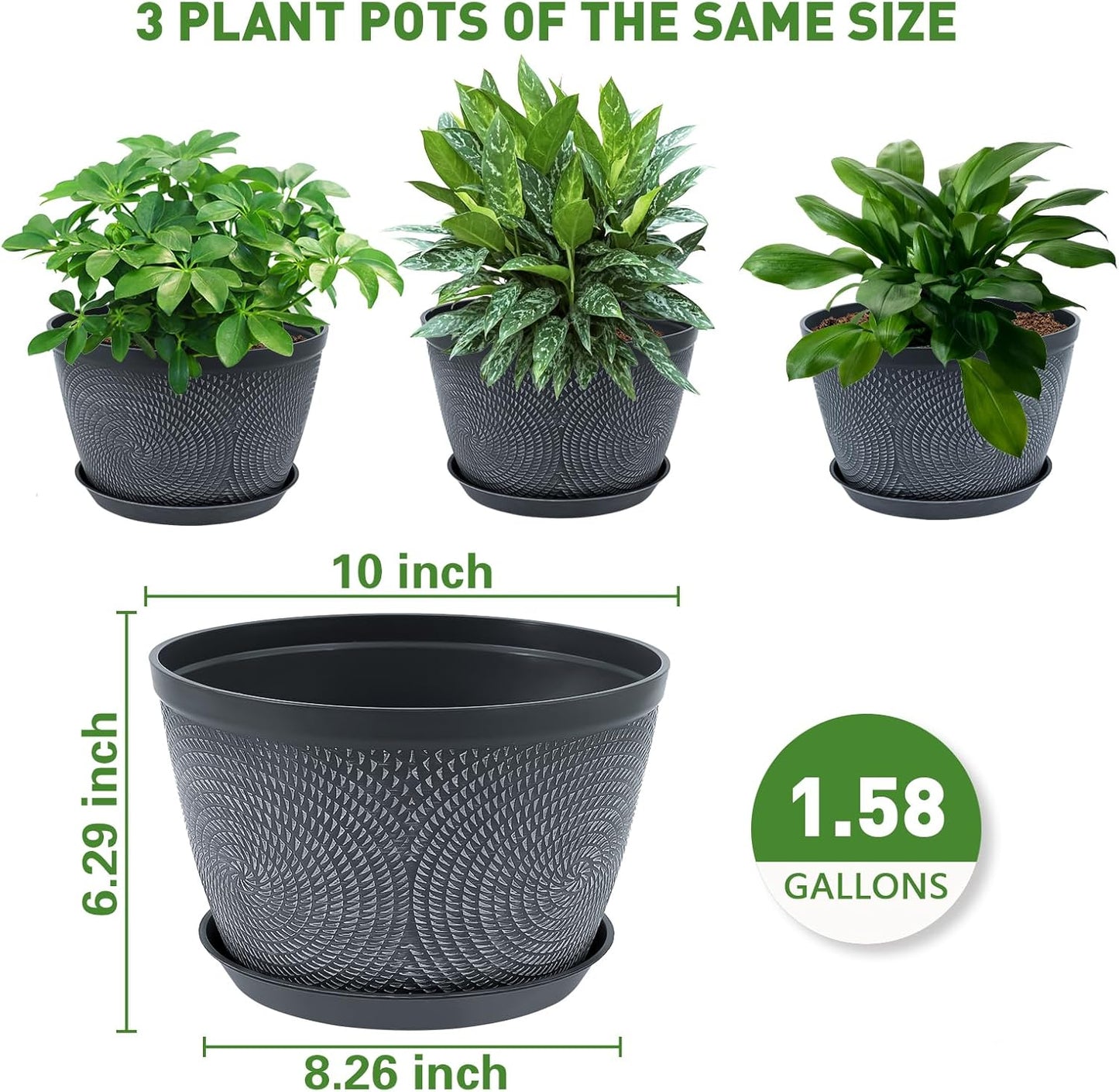 Quarut 10 Inch Flower Pots - 3 Pack Plastic Planters with Drainage Hole & Tray | Modern Gray Garden Pots