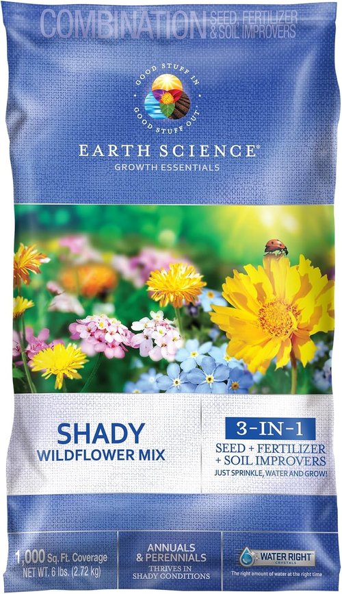 Earth Science Shady Wildflower Mix - 6 lb Premium Non-GMO Seed Blend with Plant Food & Soil Conditioners