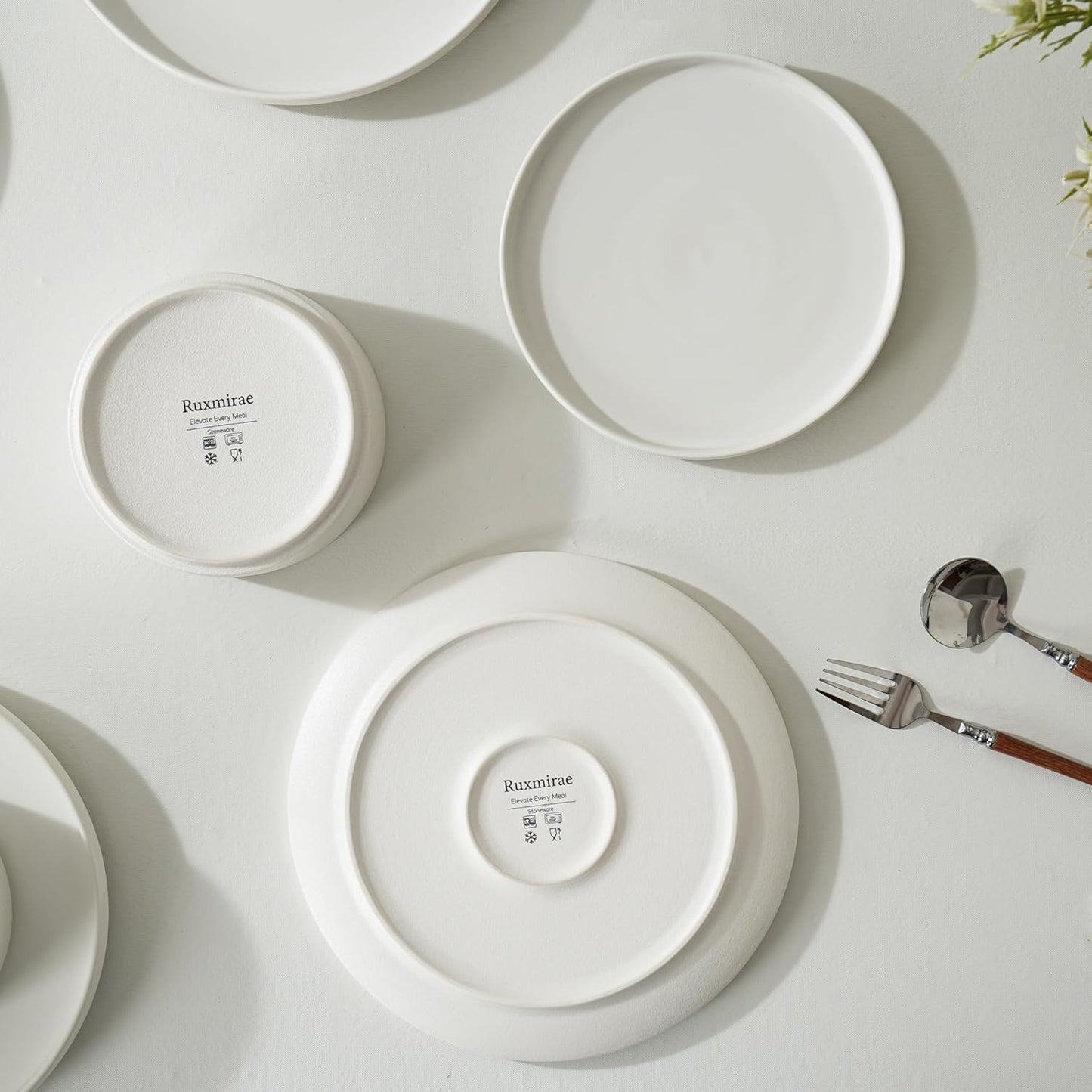 Skiennix 8-Inch Matte White Stoneware Plates - Set of 4, Microwave & Dishwasher Safe for Salads & Desserts