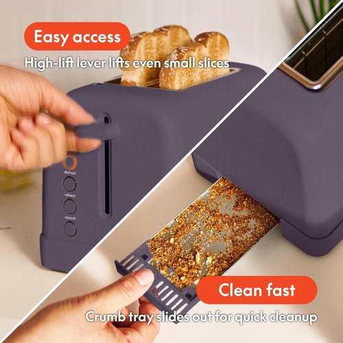 Bella 2 Slice Toaster - 6 Shade Settings, Reheat & Bagel Functions, Removable Crumb Tray, 900 Watt, Plum