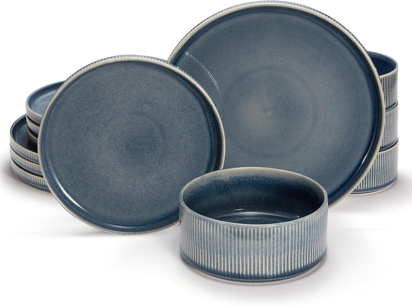 Vase and Vessel Ceramic Dinnerware Set - 12-Piece Service for 4 | Ombre Reactive Glaze, Durable Stoneware, Denim