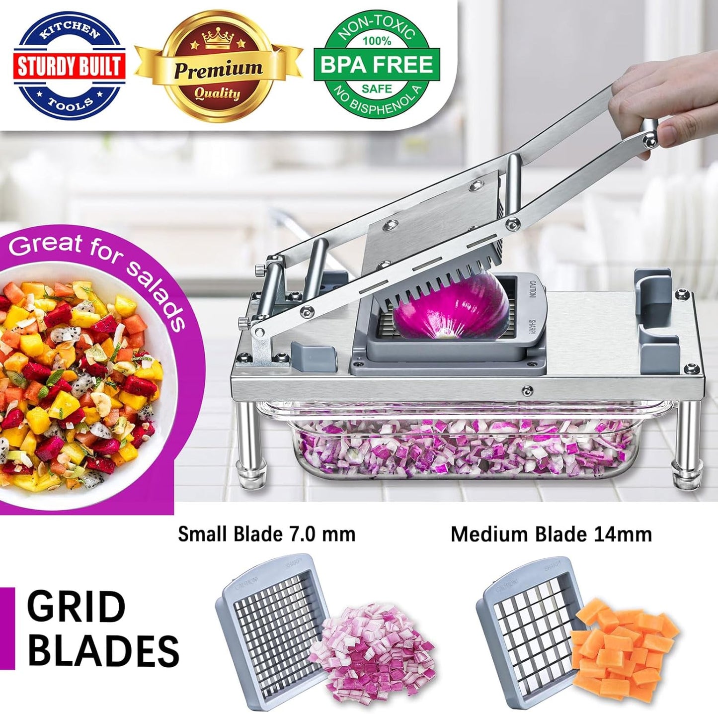 Skiennix Stainless Steel Vegetable Chopper - 8-Blade Onion Dicer with Container & Grater Mandoline Slicer
