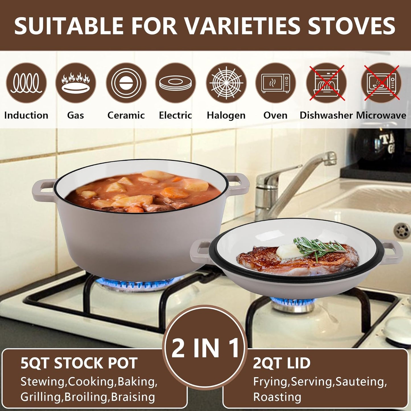 E-far 5 Quart Enameled Cast Iron Dutch Oven, 2 in 1 Dutch Oven Pot with Skillet Lid and Silicone Bread Sling, Ideal for Bread Baking, Cooking, Stewing, Frying, Induction & Oven Safe - Red