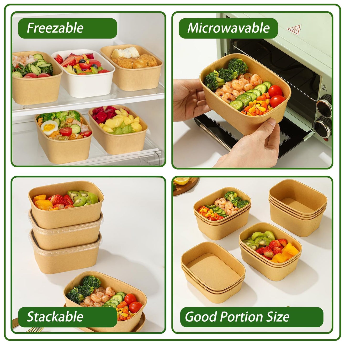 DI QIU REN 50-Pack 25oz Paper Bowls, Disposable Food Containers with Lids and Forks, Cardboard Meal Prep Containers for Diet Salad, Pasta (kraft Paper Rectangular, 25oz 50 Count)