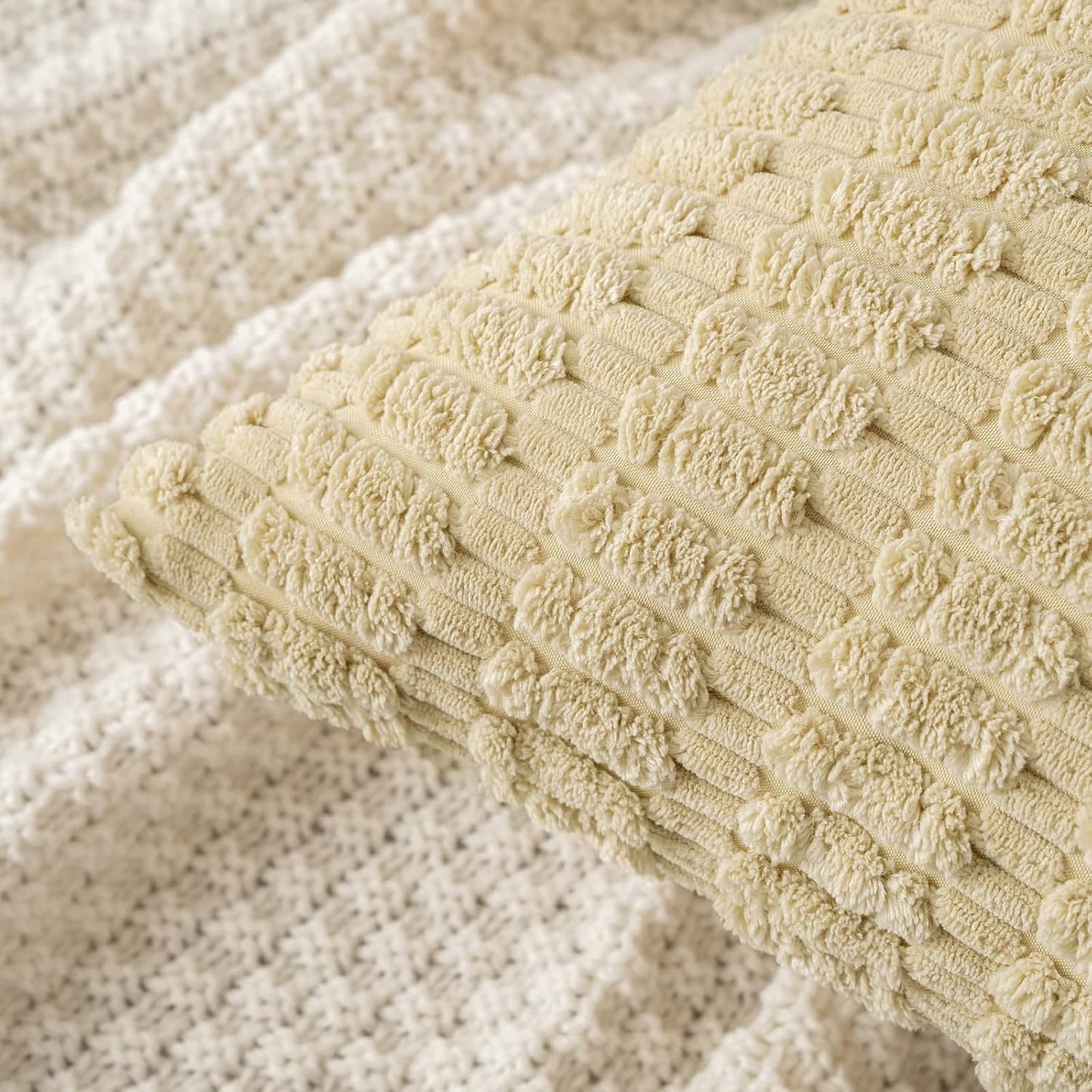 MIULEE Euro Sham Pillow Covers - Soft Corduroy Boho Striped Design | 24x24 Inch Beige for Modern Home Decor
