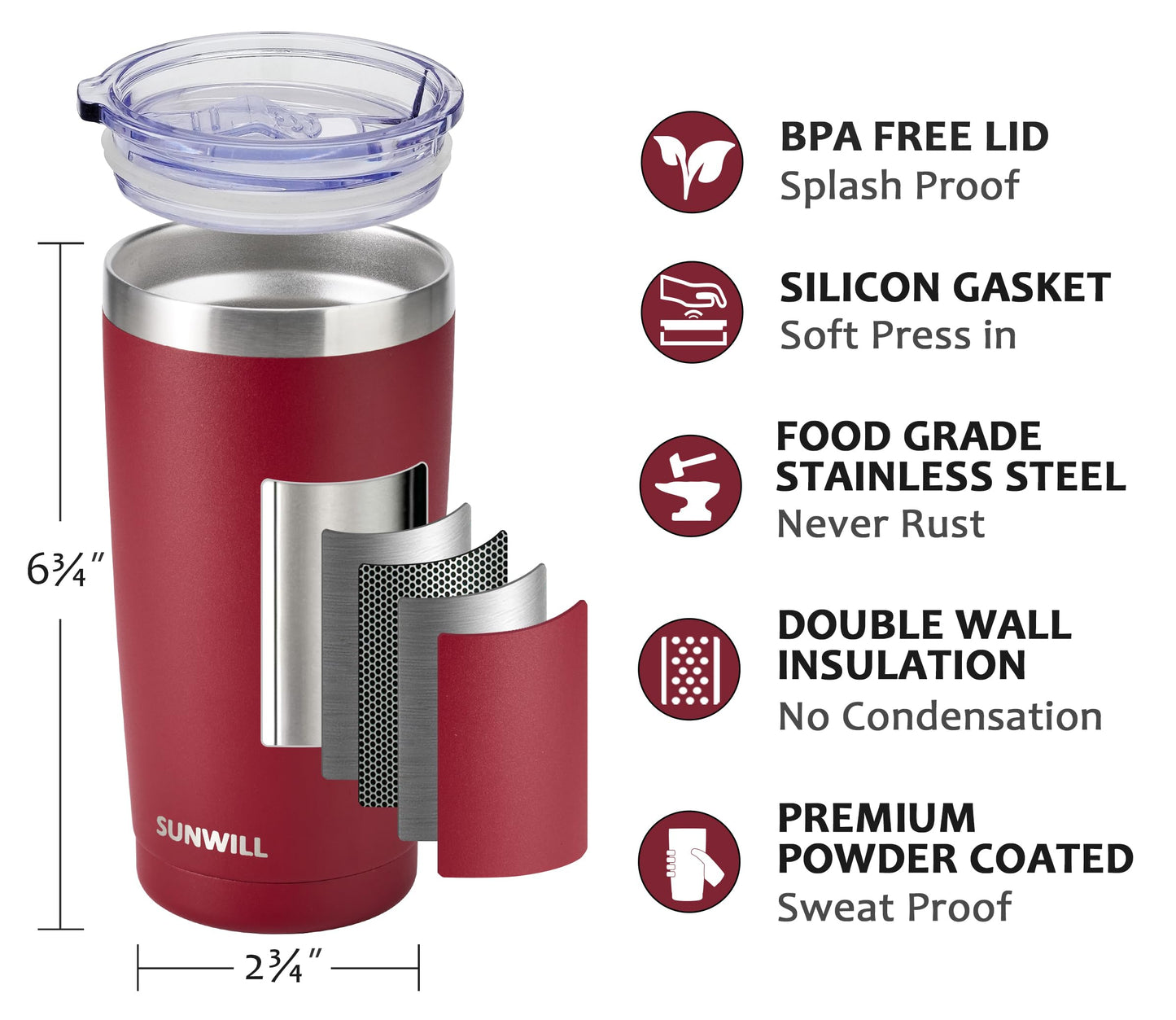 SUNWILL Travel Coffee Tumbler 20 oz, Insulated Mug with Lid, Stainless Steel Cup for Hot and Cold Drinks, Powder Coated Wine Red