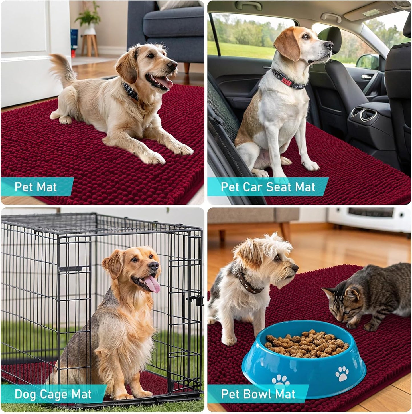 OLANLY Dog Door Mat - Absorbent Non-Slip Chenille for Muddy Paws | 59x32, Quick Dry Indoor Entryway Carpet, Burgundy