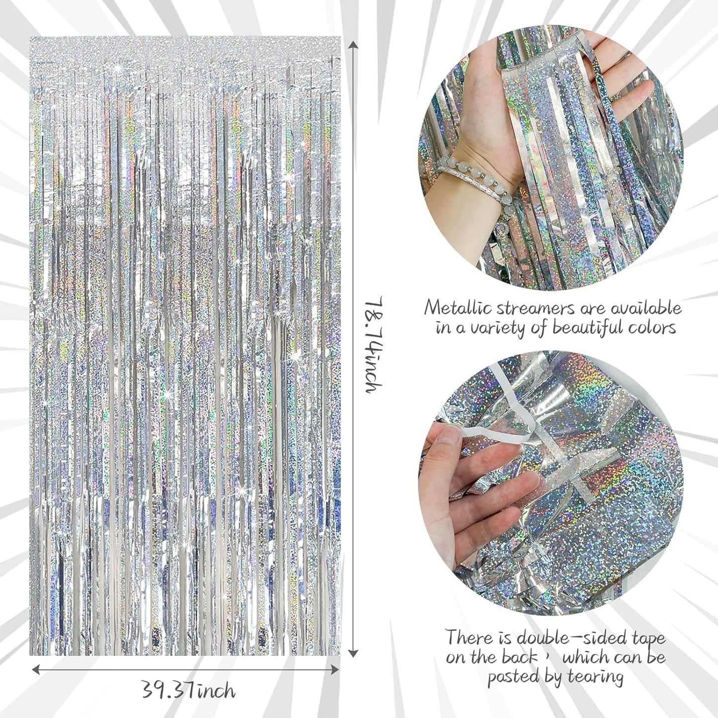 Skiennix Tinsel Curtain - Silver Glitter Foil Fringe Backdrop | 10-Pack Party Decor for Events