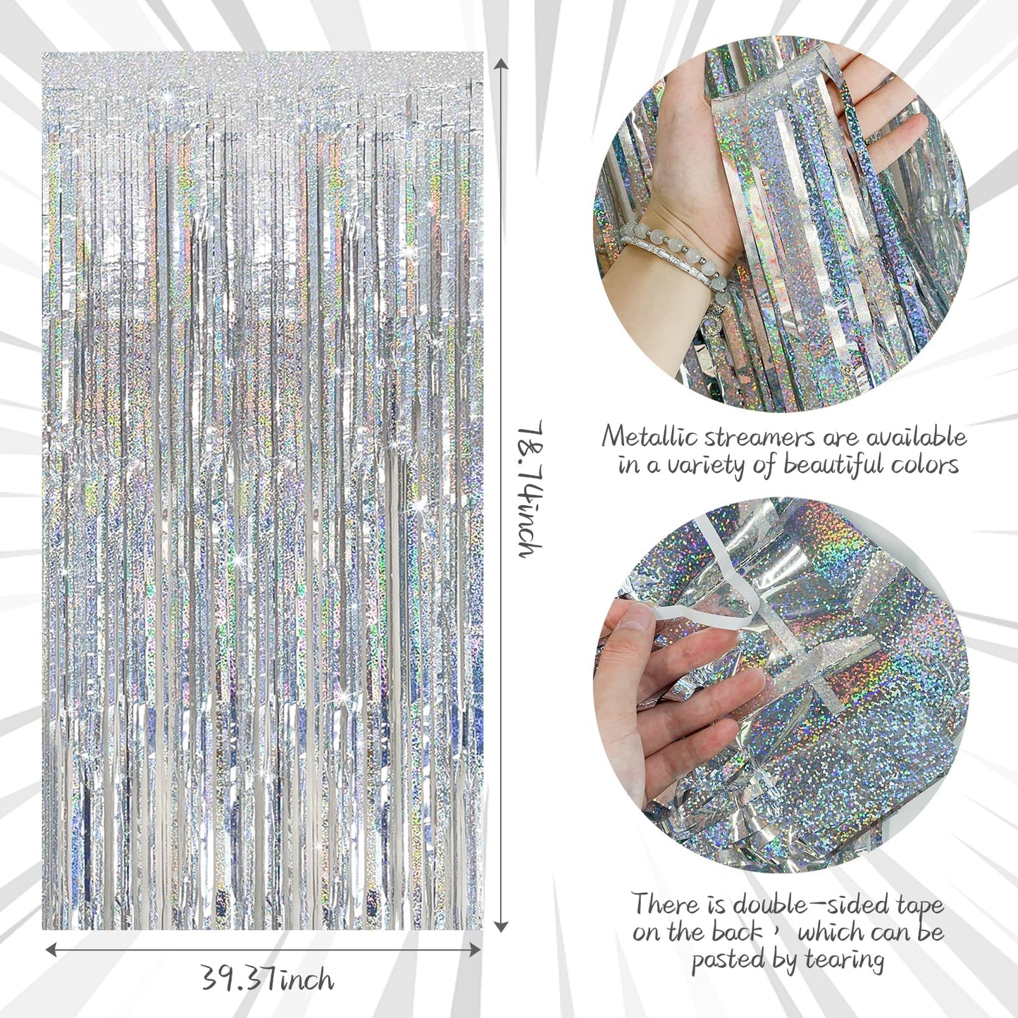 Tinsel Curtain Party Backdrop Silver Birthday Party Decorations 10 Packs Glitter Foil Fringe Curtain Party Decor Streamers Photo Booth for Birthday Christmas Wedding Halloween Graduation Decorations