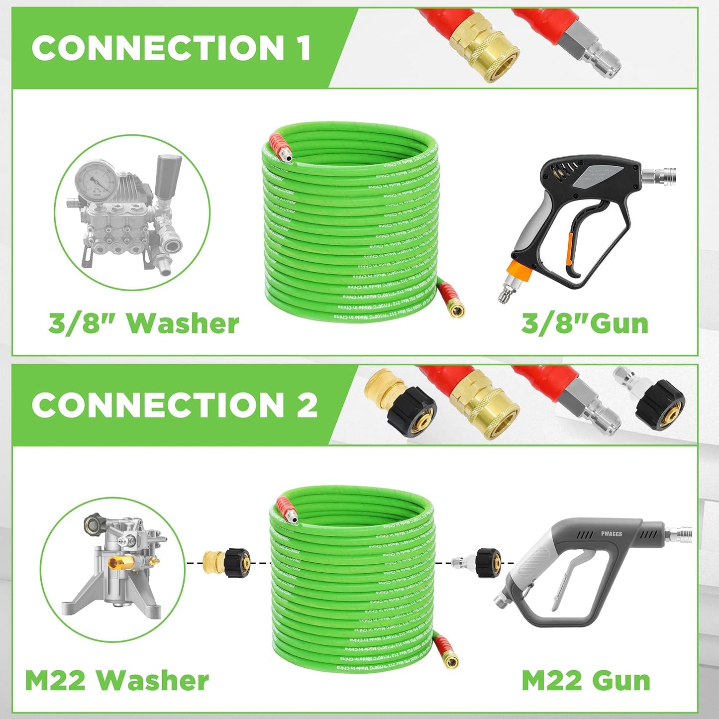PWACCS Pressure Washer Hose - 50 FT Kink Resistant Steel Braided Hose | Quick Connect M22 14 Fittings, 4000 PSI