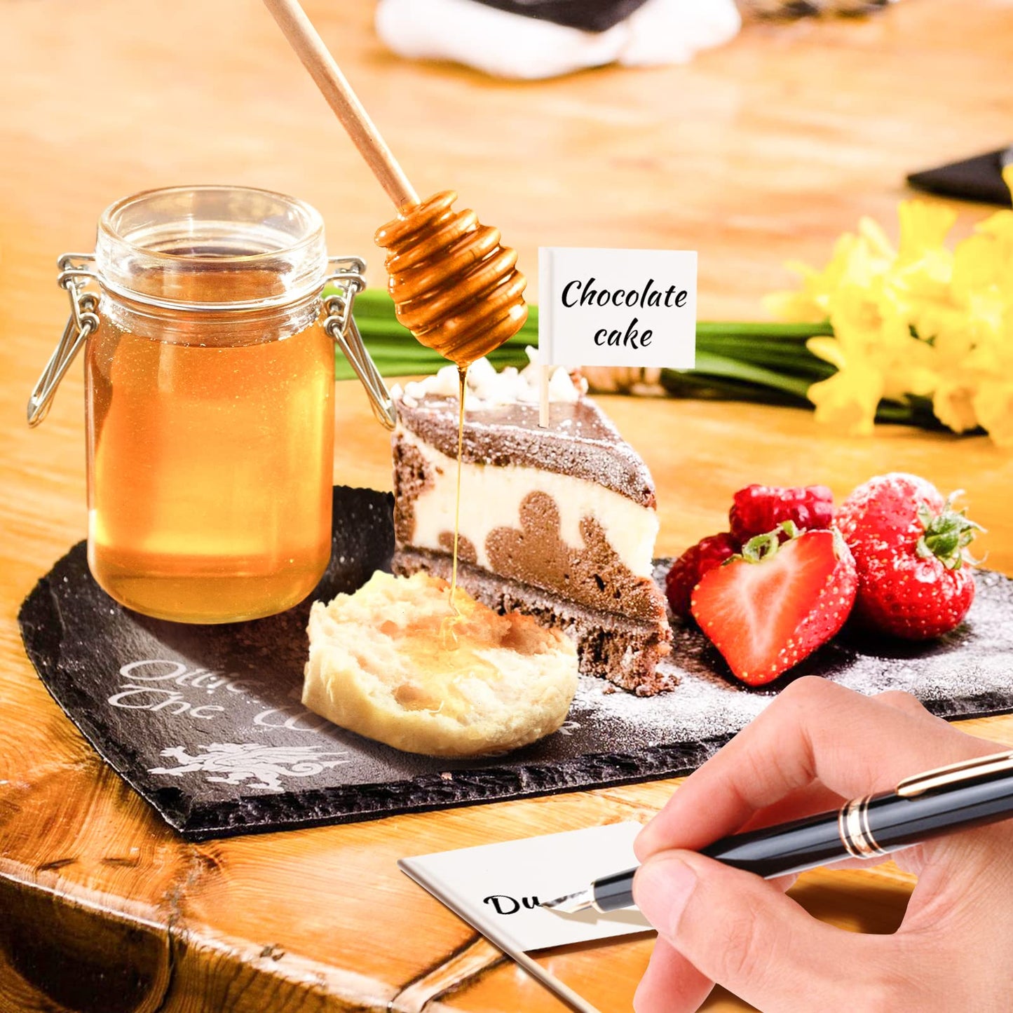 LifeMusican Gold Cheese Knife Set For Charcuterie Board Accessories, Stainless Steel Cheese Slicer And Butter Spreader knives Kit With Serving Tongs, Spoons, Forks, Flags Cheese Markers, Honey Dipper