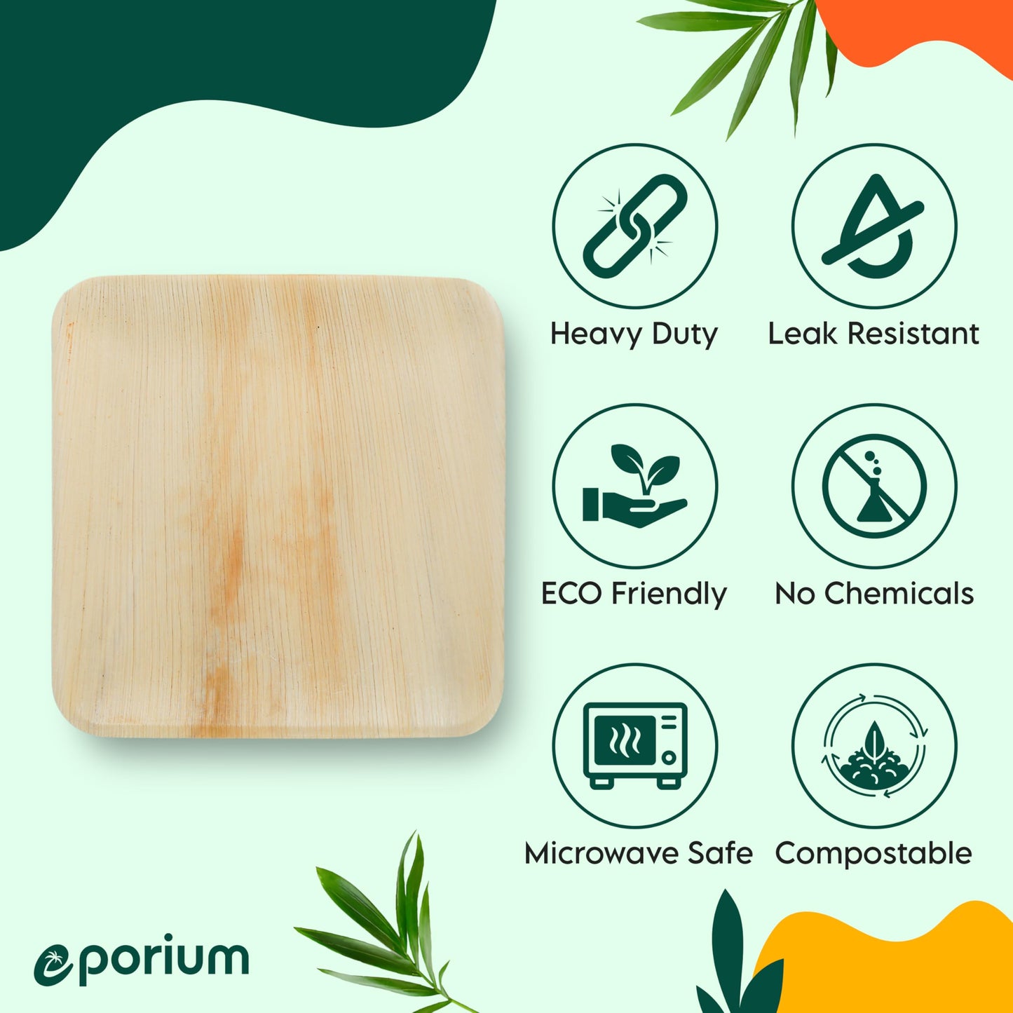 EPORIUM 10 Inch Square Palm Leaf Plates (50-Pack) I Compostable Disposable Dinnerware | Premium Quality I Eco-Friendly Sustainable Heavy Duty like Bamboo Plate I Disposable Tableware for Party