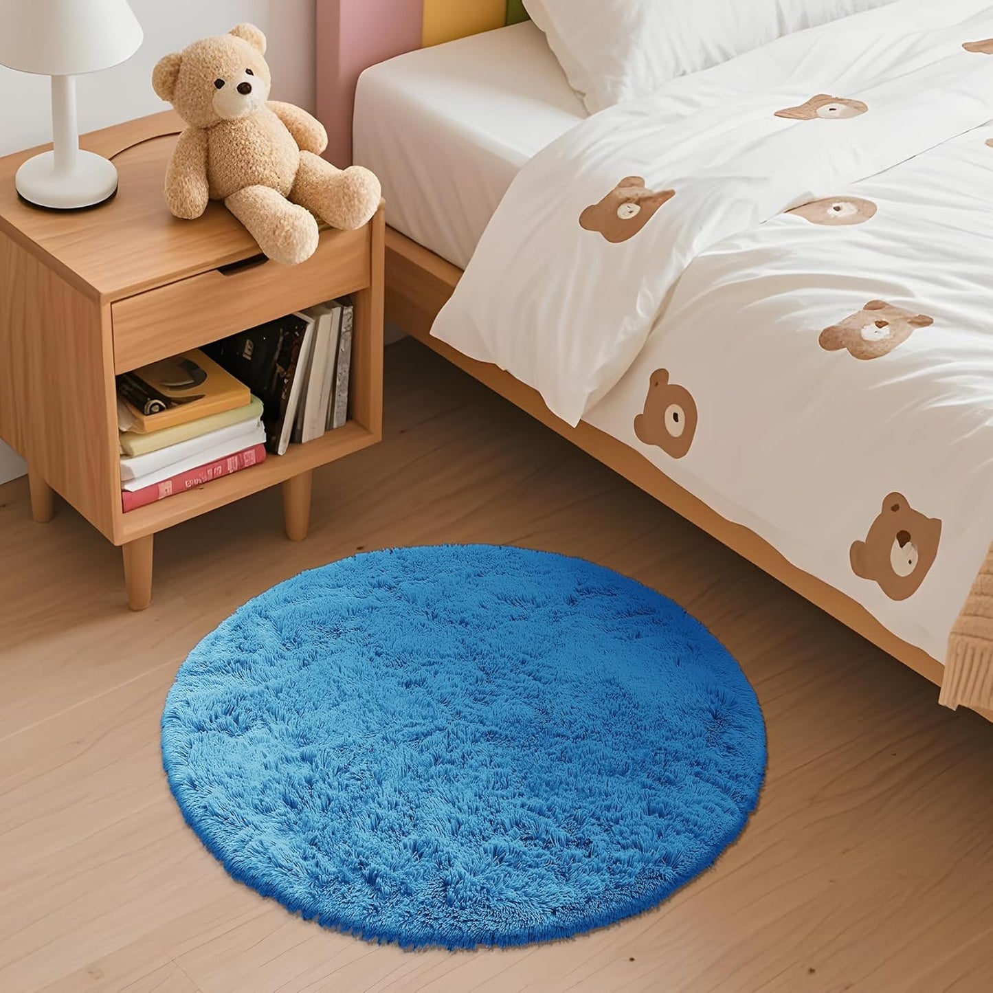 OLANLY Bright Blue Round Rug - Soft, Fluffy Shaggy Carpet | 2 ft Machine Washable Area Rug for Bedroom & Living Room Decor