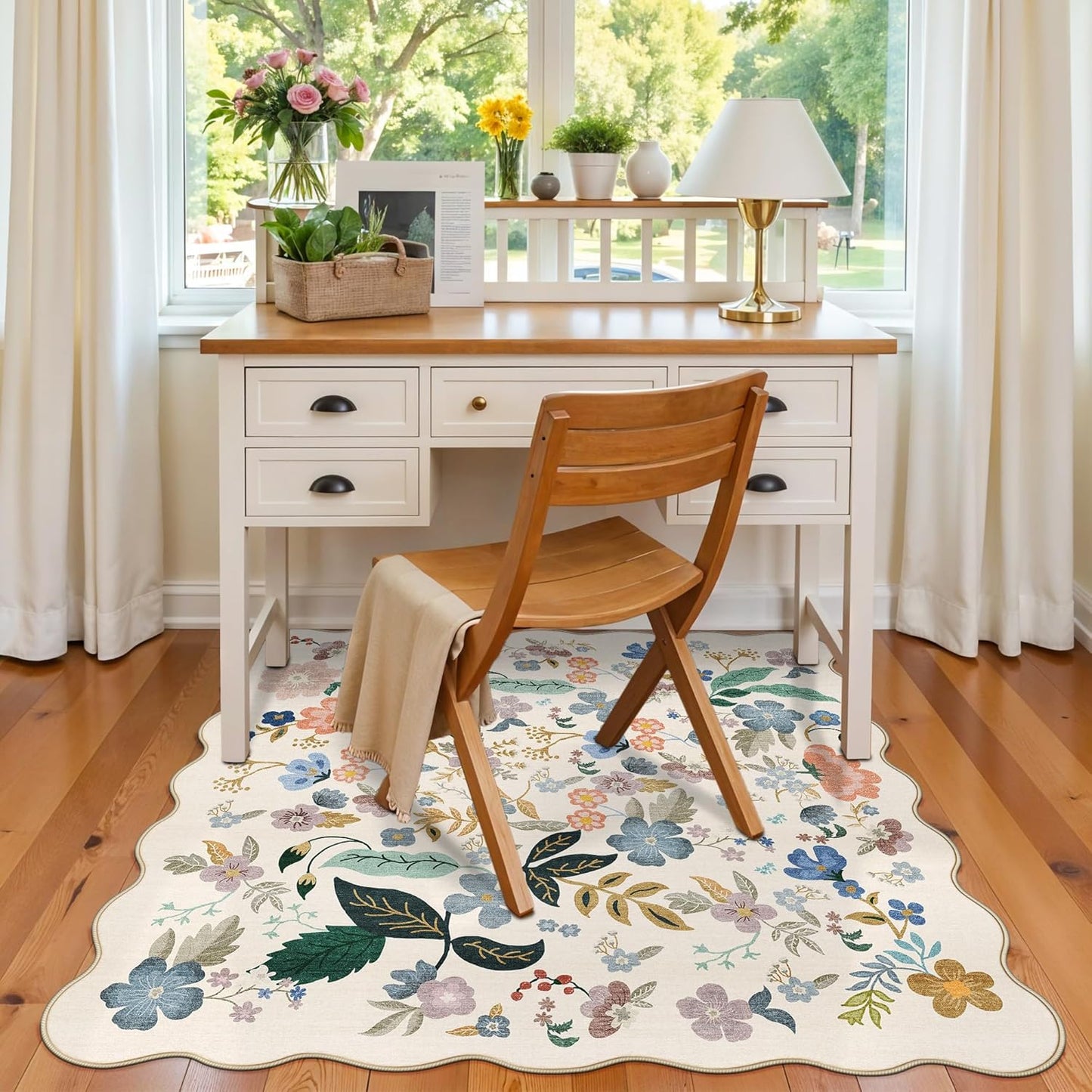 Skiennix Floral Square Area Rug - Washable 5x5 Soft Carpet with Non-Slip Backing | Cream for Living Room & Bedroom