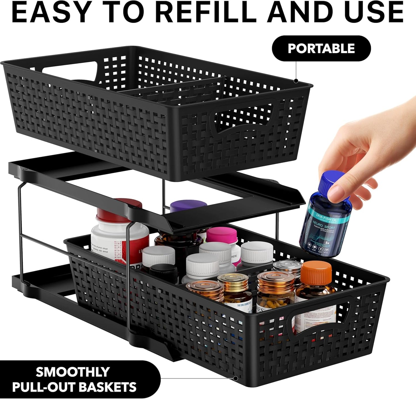 Simple Houseware 2-Tier Bathroom Organizer Tray - Pull-Out Sliding Drawer for Under Sink Storage, Black