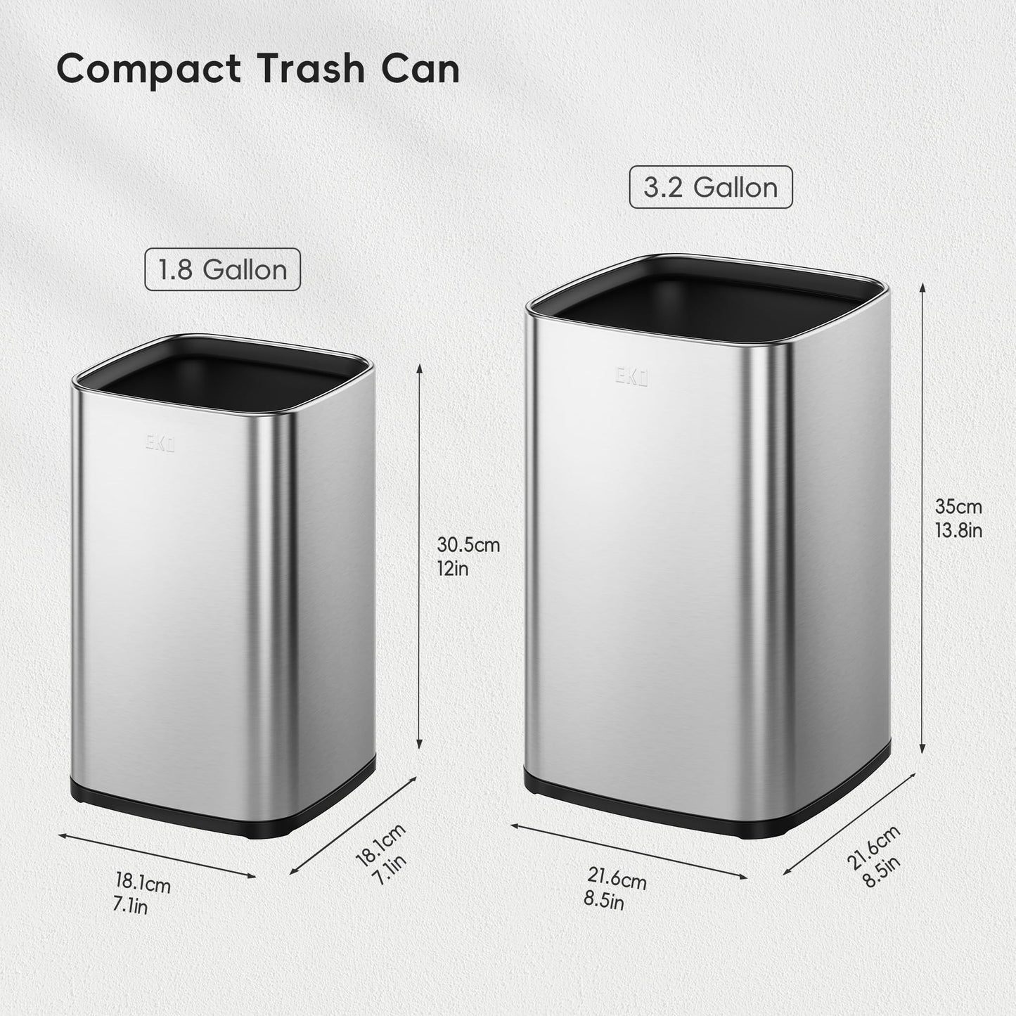 EKO 2-Pack Open Top Trash Can with Removable Inner Basket, Square Small Garbage Can, 1.8 + 3.2 Gallon Wastebasket Combo for Kitchen, Bathroom, Office, Home (Stainless Steel)