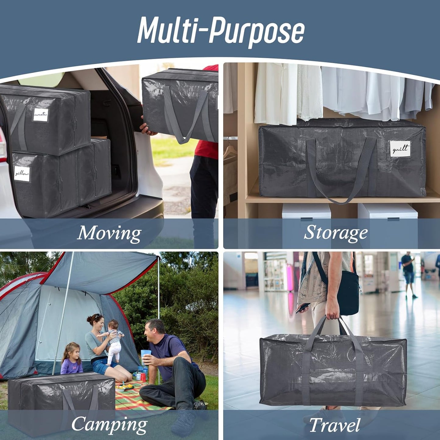 Skiennix Extra Heavy Duty Moving Bags - 6 Pack with Strong Zipper & Comfortable Handles | Durable Gray Storage Totes