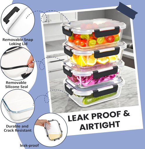 HOTEC 35oz Glass Food Storage Containers - Airtight Lunch & Fruit Containers, 4-Pack | Microwave & Dishwasher Safe