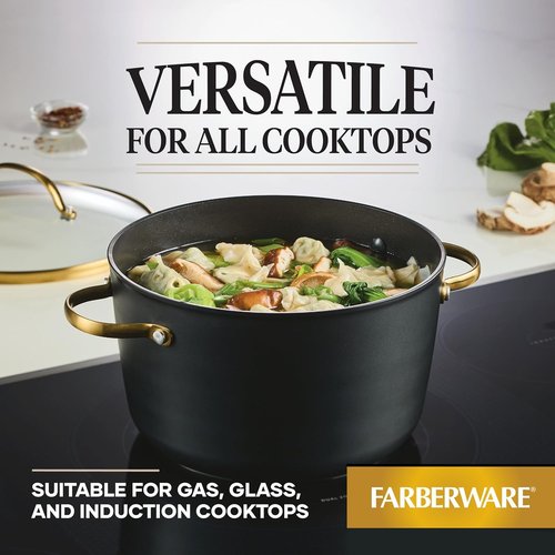 Farberware Forged Induction Stockpot - 6 Quart Ceramic Nonstick Cookware with Lid | Dishwasher Safe, Black and Gold