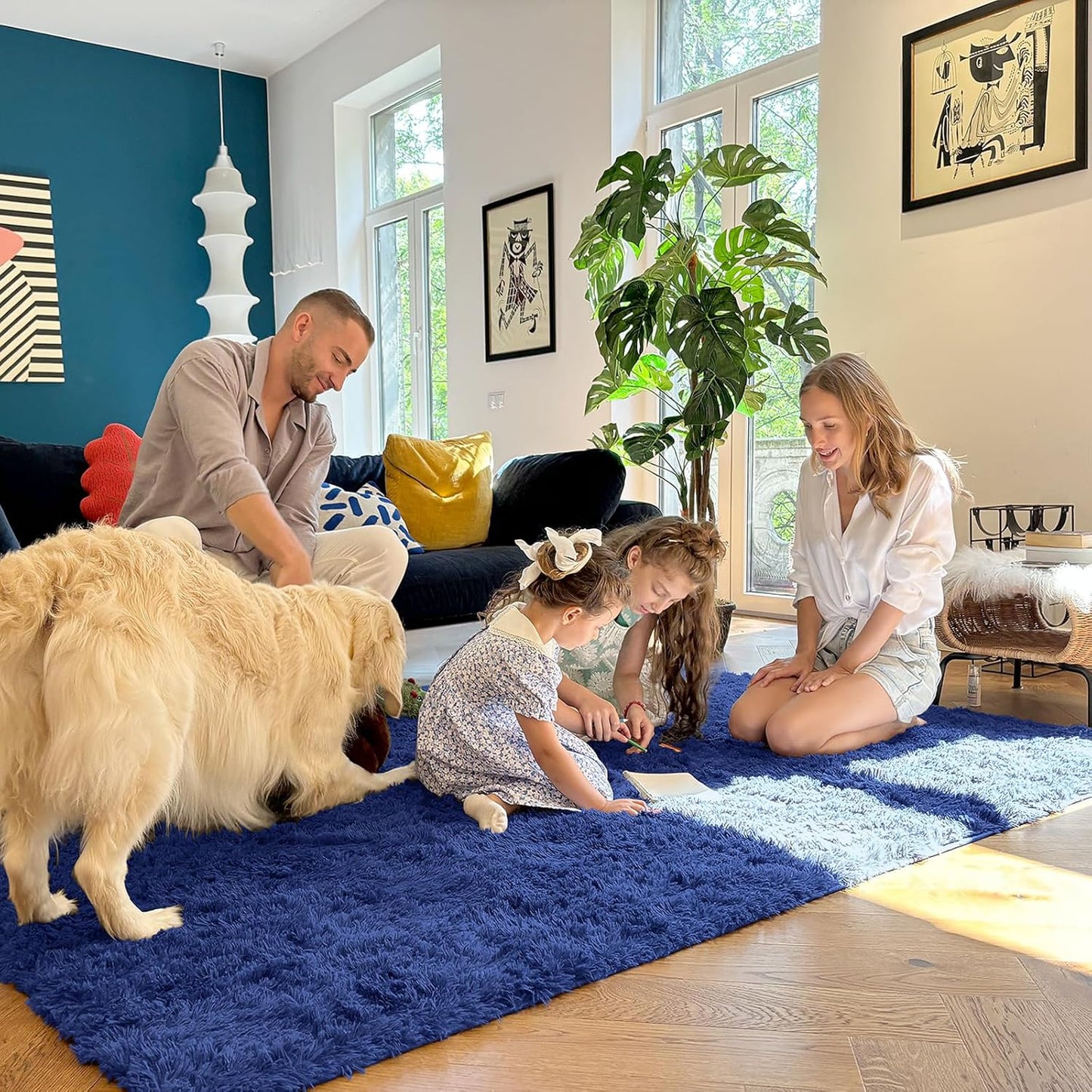 OLANLY 4x5 Soft Fluffy Shaggy Accent Rug - Machine Washable Indoor Carpet for Bedroom & Nursery | Navy Blue