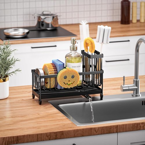 Cisily Kitchen Sink Caddy Organizer - Rustproof 304 Stainless Steel with High Brush Holder | Black Smiley Face, 9.25”