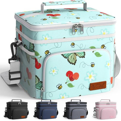 HOTOR Insulated Lunch Box for Men & Women - Leak-Proof Cooler Lunch Bag with 4 Pockets, Adjustable Strap, Ideal for Work, Picnic, Travel - Medium, Green Flower, 10.2"×6.9"×8.5"