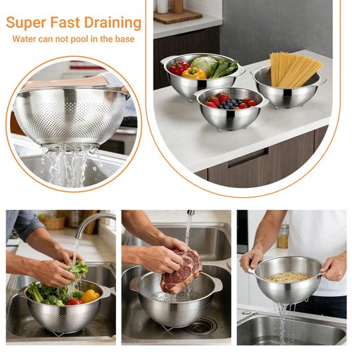 Colanders & Food Strainers,304 Stainless Steel Colander,3 Pcs Kitchen Strainers(2.5QT, 3.5QT, 5QT) for Pasta, Rice, Vegetables,Dishwasher Safe Metal Colander with Handles,Kitchen Gift