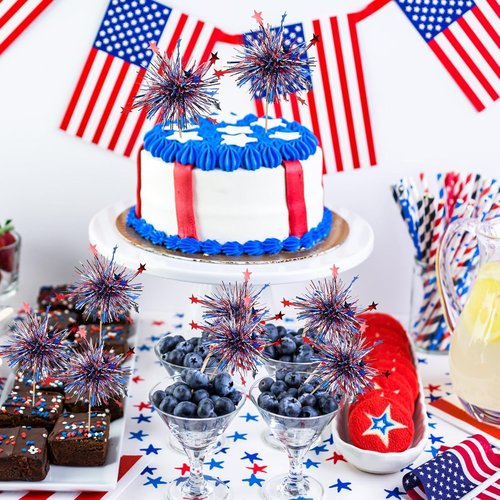 24Pcs American Patriotic Cupcake Toppers, 4th of July Foil Firework Cupcake Toppers Tinsel Drink CupCake Decoration Picks Independence Day Supplies Favor