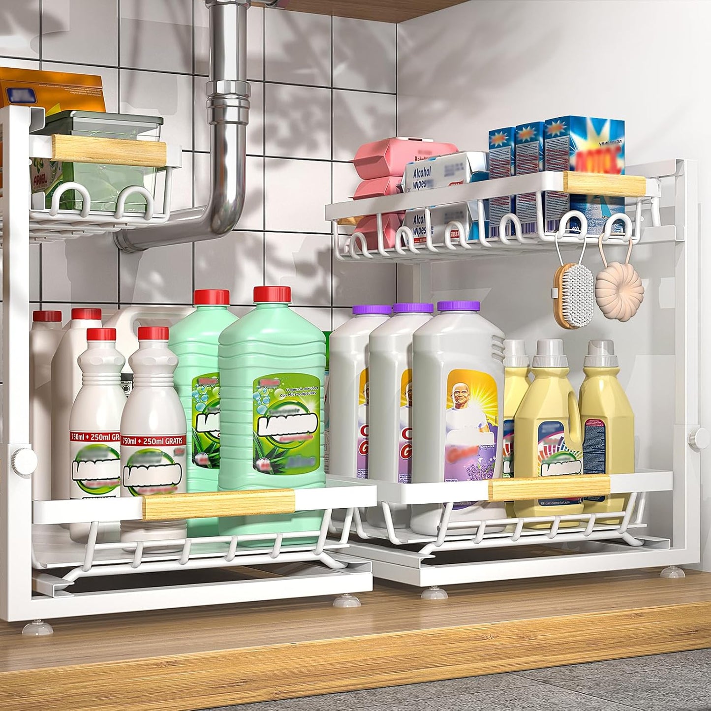 Sevenblue Under Sink Organizer - Height Adjustable 3-Tier Storage Shelf for Kitchen & Bathroom (White, Large)