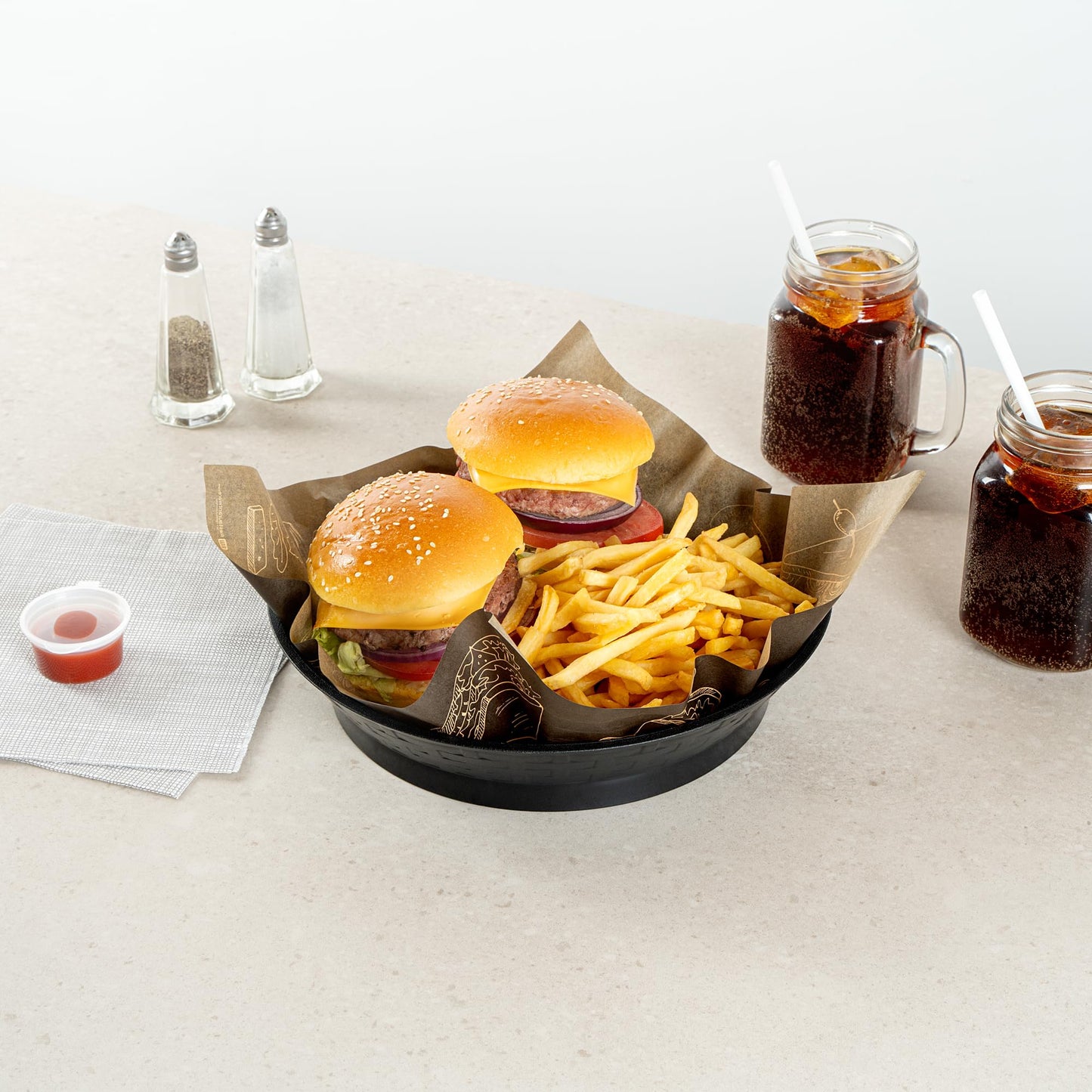 Restaurantware Round Serving Baskets 10 Pack of 10.47 x 2.17 Inch with Base Drainage Slots Microwavable Dishwashable Stackable Plastic Black Food Serving Trays for Restaurants and Catering