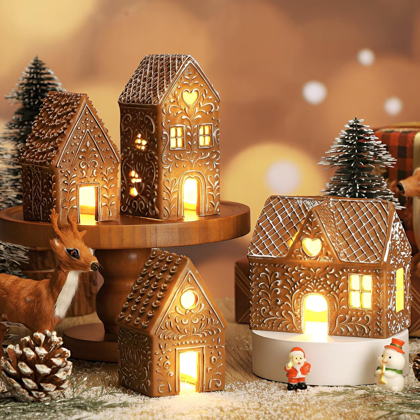 Thyle Christmas Gingerbread House Decoration - 4 Pcs LED Lighted Resin Village Figurines for Holiday Decor